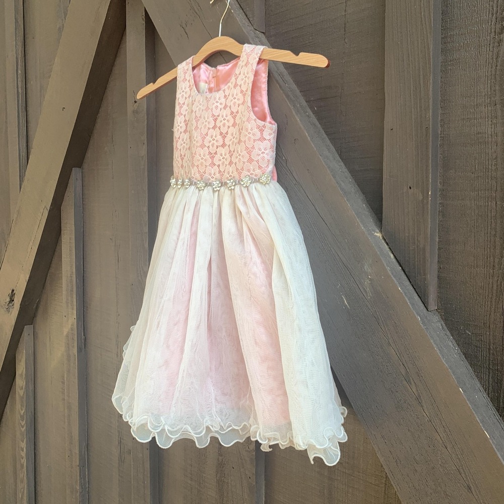 American Princess Girls 2T Pink Ivory Lace Tulle Flower Girl Party Easter Dress - Picture 3 of 14